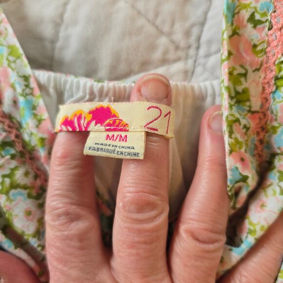 Forever 21 Y2K Babydoll Top Juniors M Dainty Pastel Floral Print Crochet Accent - Picture 7 of 11